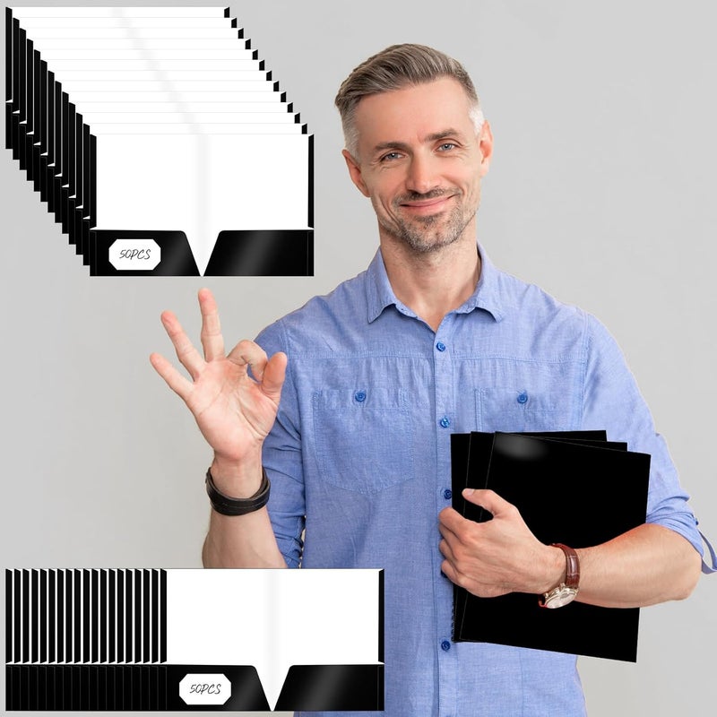 Jutom 50 Pcs 2 Pocket Glossy Paper Folders Glossy Paper Laminated Portfolios, Letter Size, Presentation Folders with Pockets for Office Teacher Worker Supplies(Black Color) - Image 4